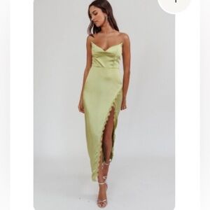 Selfie Leslie Lime Satin High-Low Slip Dress with Ruffle Slit